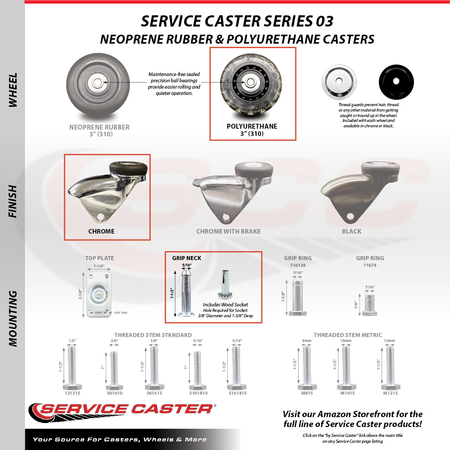 Service Caster 3 Inch Bright Chrome Hooded Polyurethane 5/16 Inch Grip Neck Stem Casters, 5PK SCC-GN03S310-PPUBD-BC-5